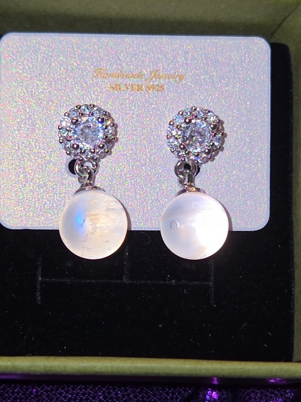 Crystal Halo 925 Sterling Silver Drop Earrings with White Moonstone Spheres